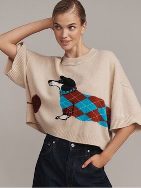 Anthropologie The Goldie Crew-Neck Cashmere Sweater Dachshund Size S